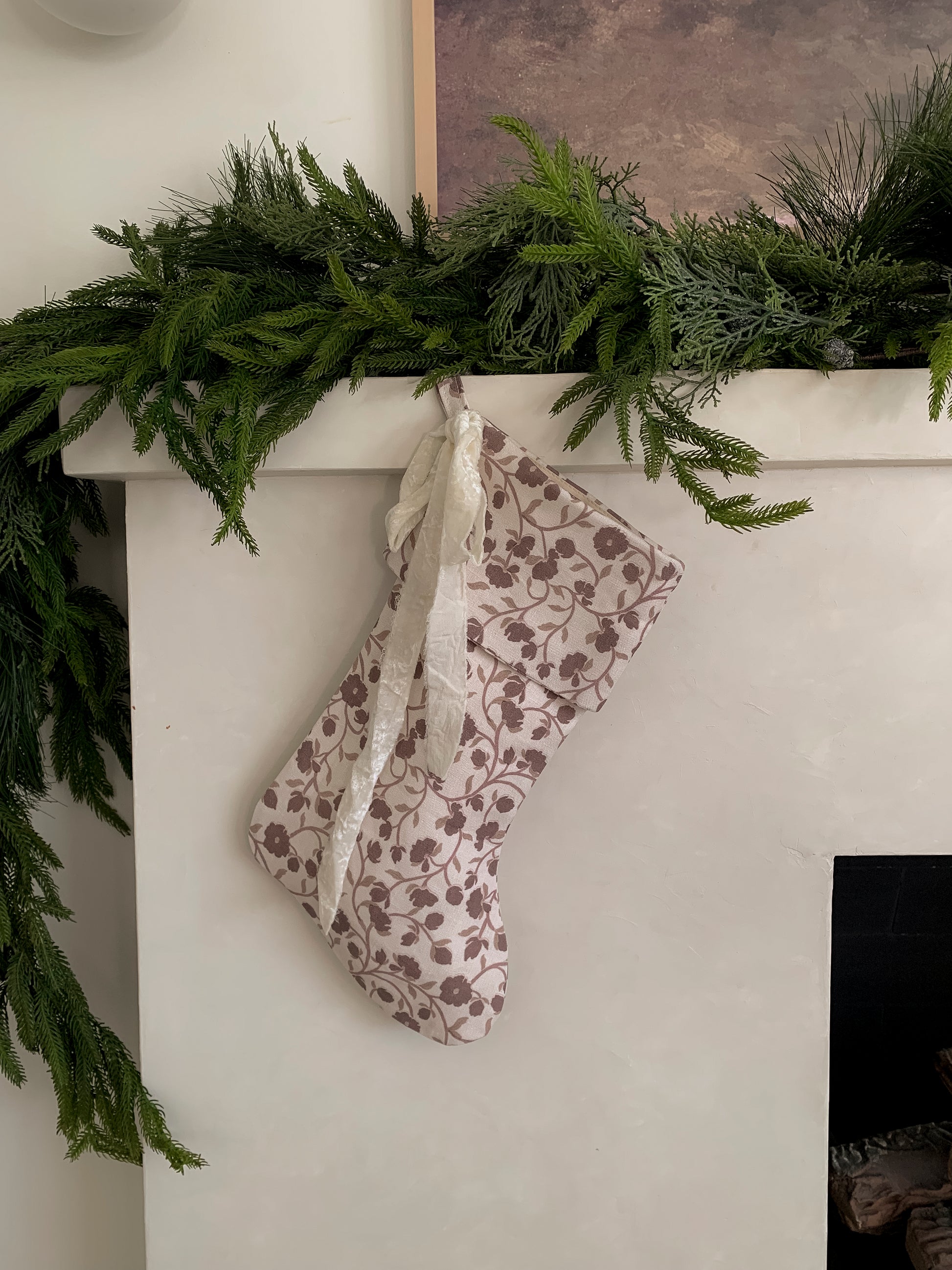 Handmade Block Print Linen Stocking  - Cinder